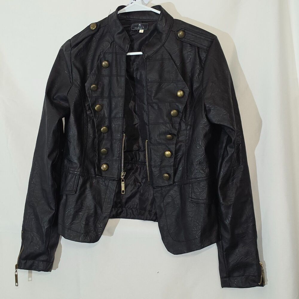 #0248 Ashley Black Faux Leather Military Band Jacket Brass Buttons Zip Large